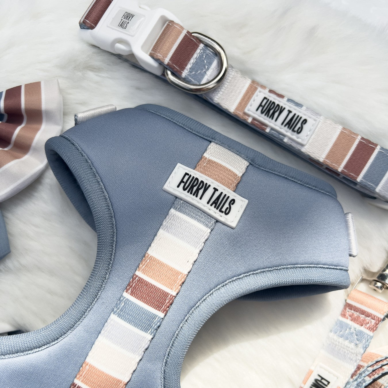 Brown and blue striped dog harness and collar